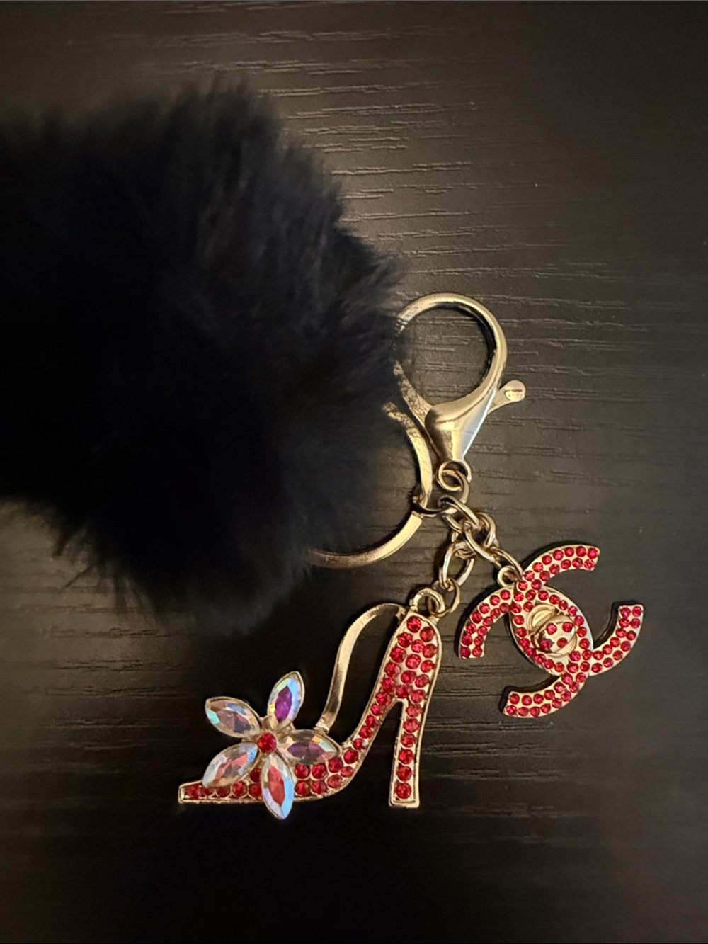Inspired Red Crystal High Heel & Interlocking Logo Keychain with Black Pom Pom